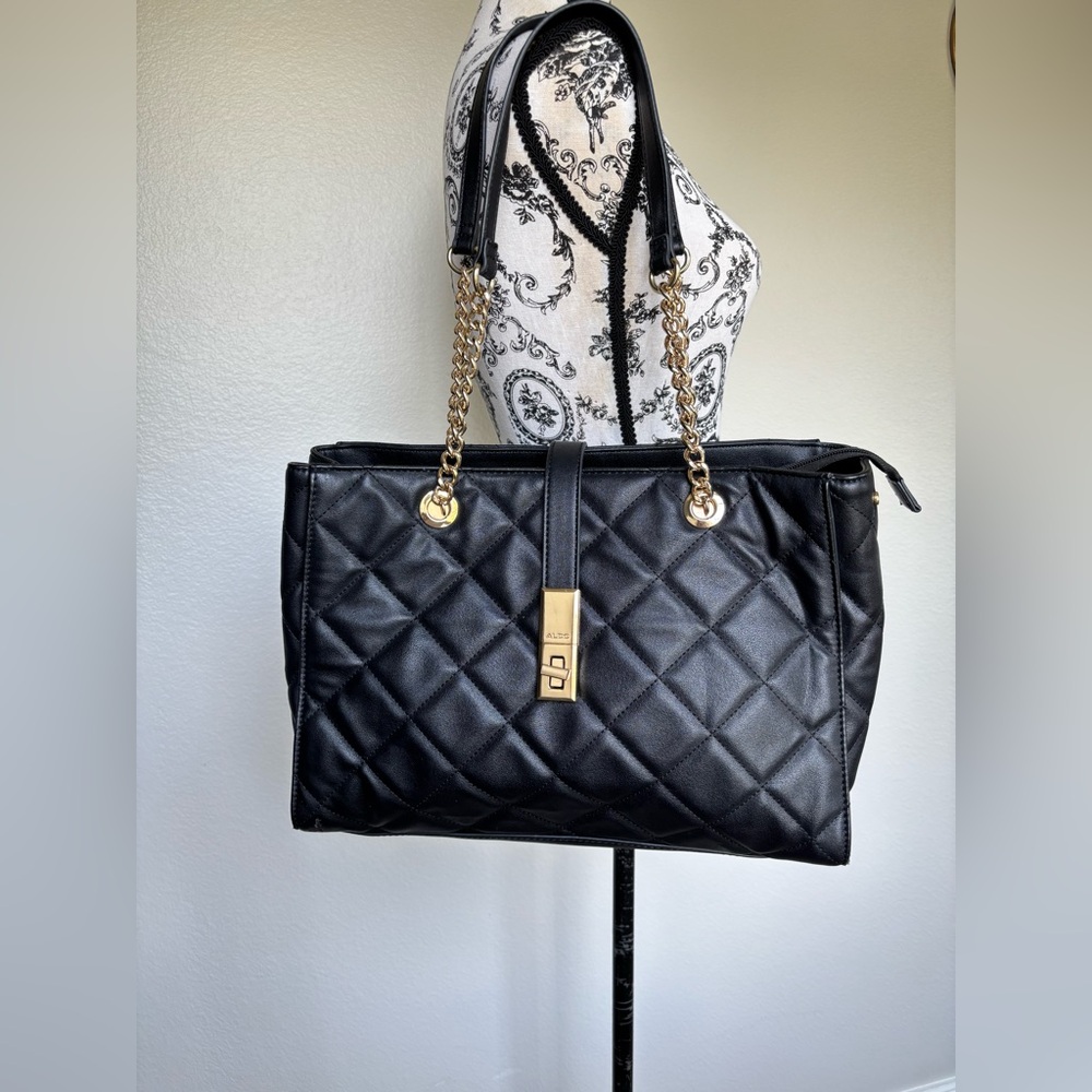 Aldo Black Quilted Shoulder Tote with Gold Chain Detail